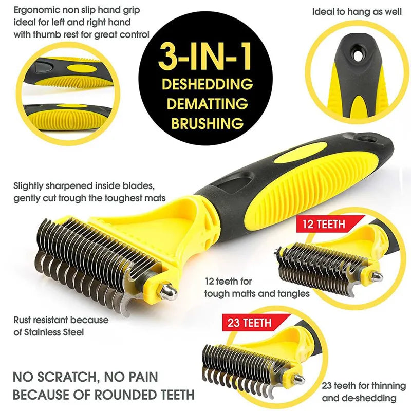 Pets Stainless Steel Grooming Brush Two-Sided Shedding and Dematting Undercoat Rake Comb for Dog Cat Remove Knots Tangles Easily - Gangsterdog